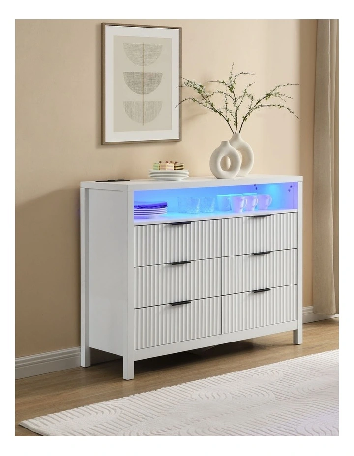 White 6 Chest of Drawers, Modern Dresser for Closet with Power Outlet and LED Lights image 3