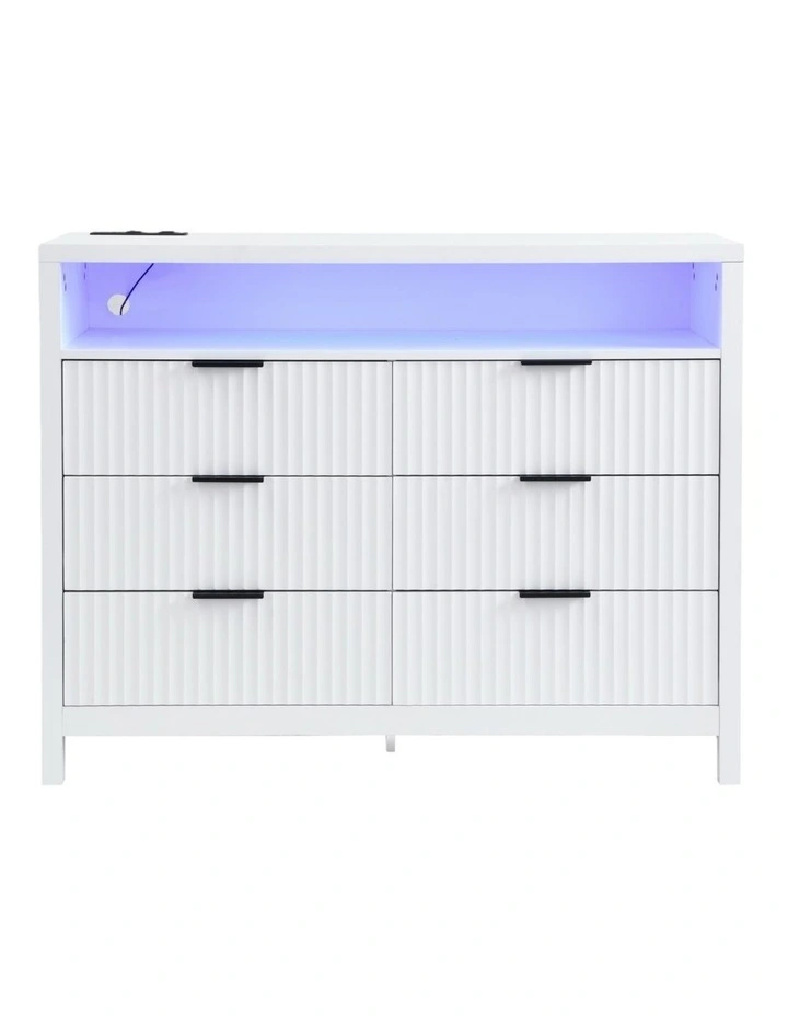 White 6 Chest of Drawers, Modern Dresser for Closet with Power Outlet and LED Lights image 6