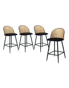 Oikiture Bar Stools Kitchen Counter Stool Rattan Dining Chair Velvet Black x4