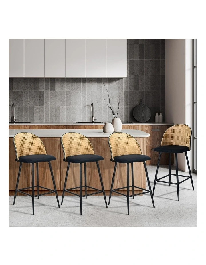 Oikiture Bar Stools Kitchen Counter Stool Rattan Dining Chair Velvet Black x4 image 4