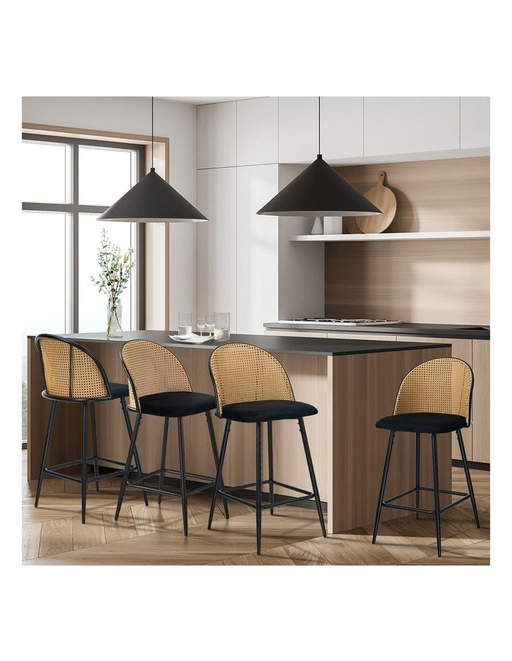 Oikiture Bar Stools Kitchen Counter Stool Rattan Dining Chair Velvet Black x4 image 5