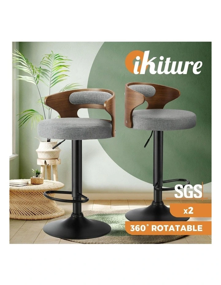 Oikiture Bar Stools Kitchen Gas Lift Swivel Chairs Stool Wooden Barstool Grey x2 image 4