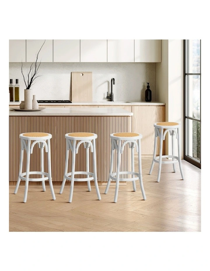 Oikiture Set of 4 Bar Stools Kitchen Vintage Dining Chair Rattan Seat White image 4