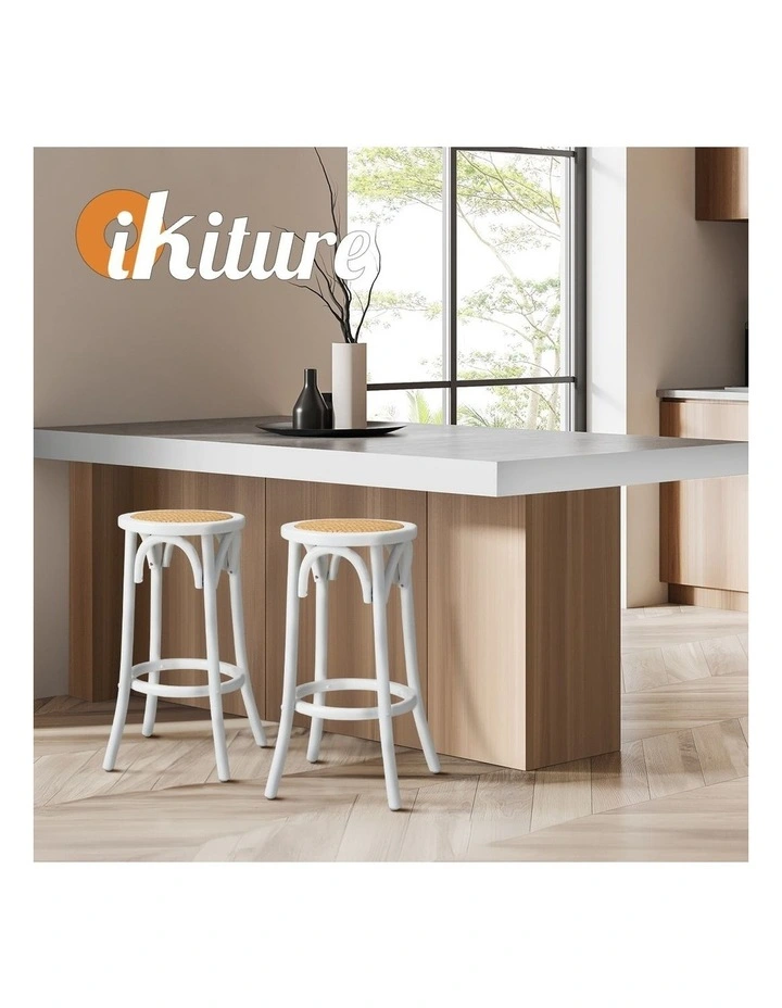 Oikiture Set of 4 Bar Stools Kitchen Vintage Dining Chair Rattan Seat White image 7