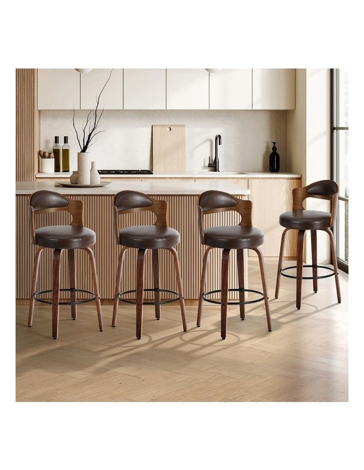 Oikiture 4x Bar Stools Kitchen Swivel Counter Chair Shell Leather Brown image 4