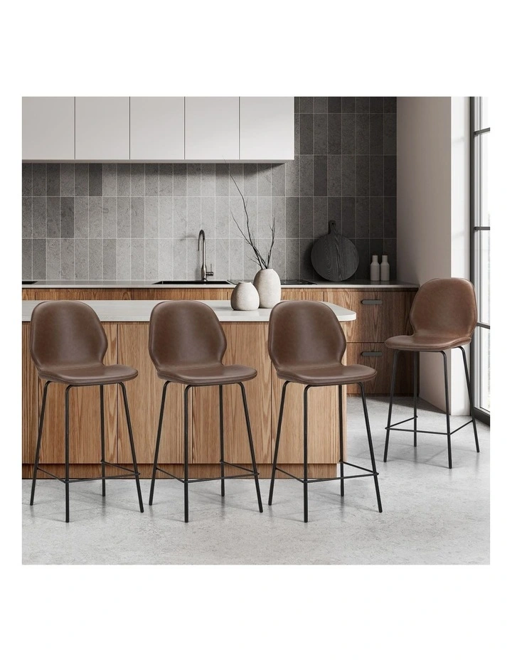 Oikiture Set of 4 Bar Stools Kitchen Dining Chairs Counter Stool Leather Brown image 4
