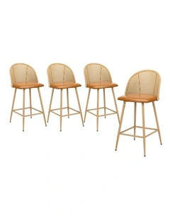 Oikiture Bar Stools Kitchen Counter Stool Rattan Dining Chair PU Brown x4