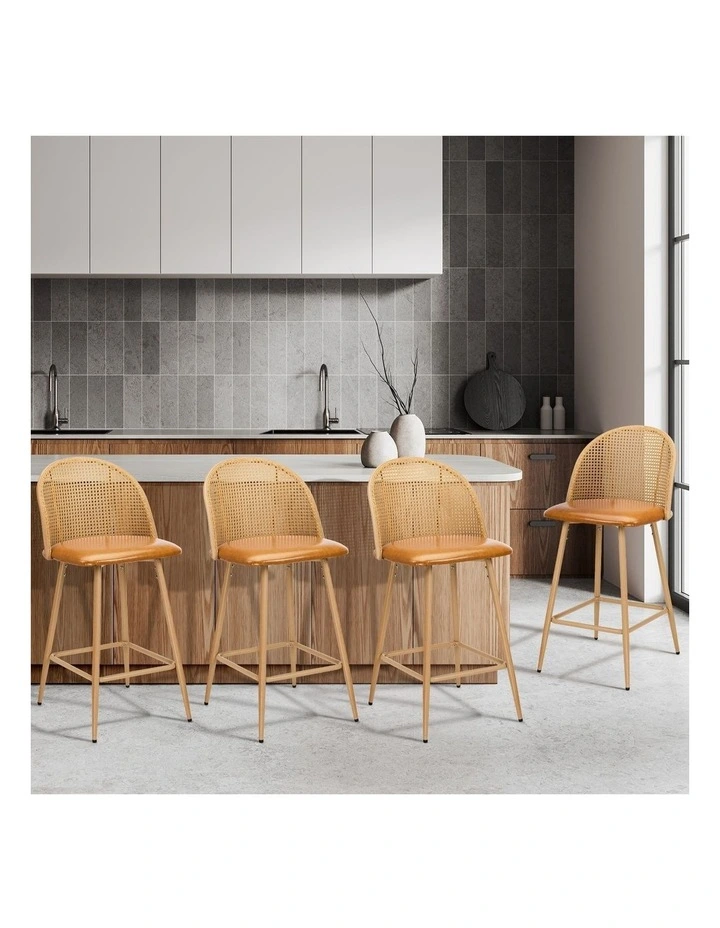 Oikiture Bar Stools Kitchen Counter Stool Rattan Dining Chair PU Brown x4 image 4