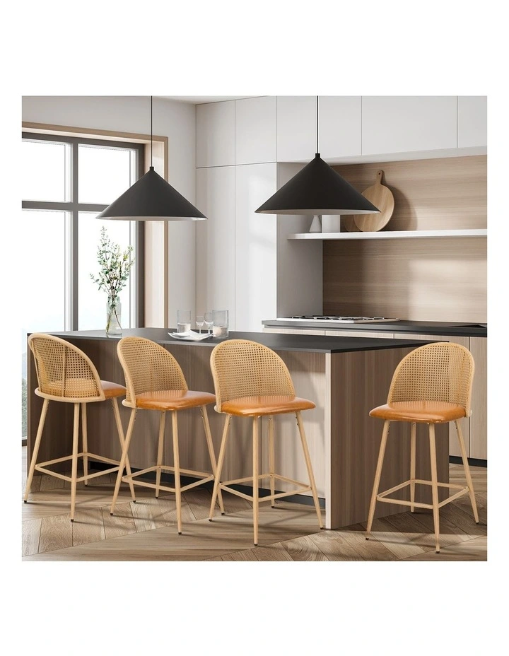 Oikiture Bar Stools Kitchen Counter Stool Rattan Dining Chair PU Brown x4 image 5
