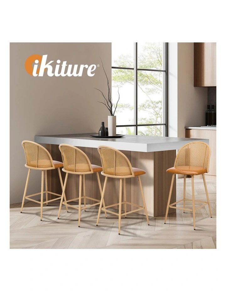Oikiture Bar Stools Kitchen Counter Stool Rattan Dining Chair PU Brown x4 image 7