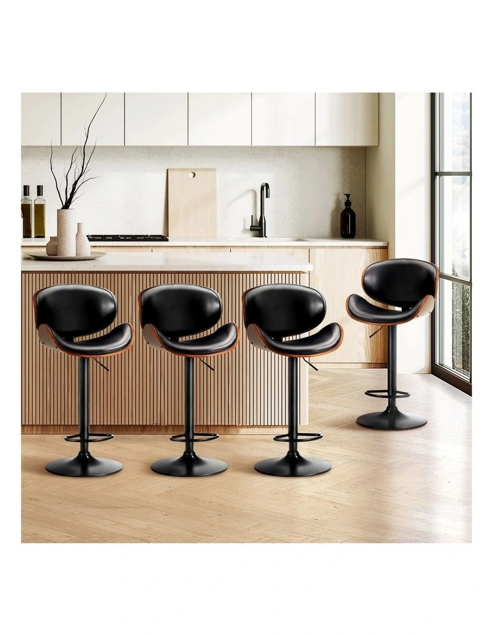 Oikiture Set of 4 Bar Stools Kitchen Stool Swivel Chair Wooden Leather Gas Lift image 4