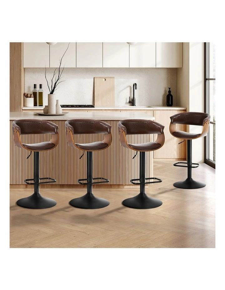 Oikiture 4x Bar Stools Gas Lift Counter Stool Armrest Leather Brown image 4