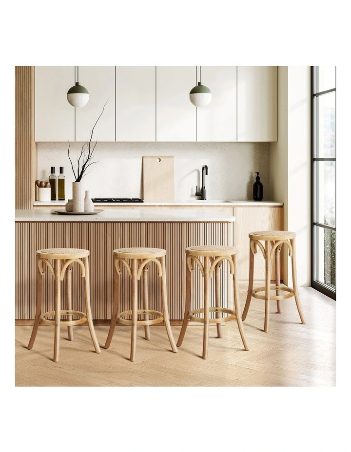 Oikiture Set of 4 Bar Stools Kitchen Vintage Dining Chair Rattan Seat Natural image 4