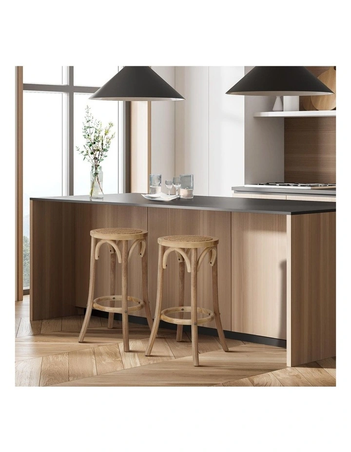 Oikiture Set of 4 Bar Stools Kitchen Vintage Dining Chair Rattan Seat Natural image 5
