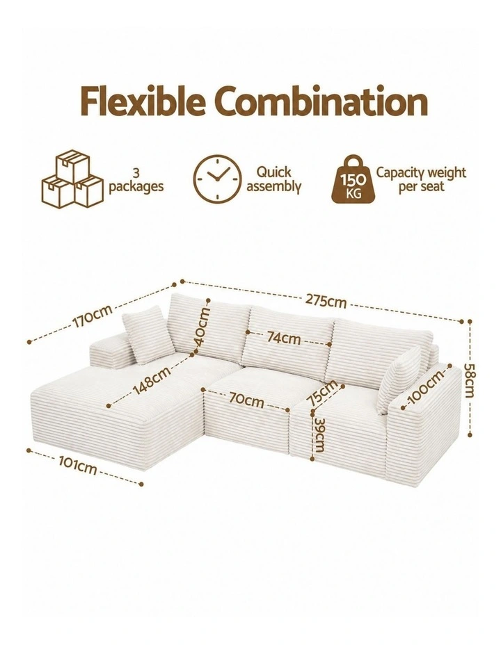 HOMFURN 275cm Modular Sofa Bed  Frameless 3-Seat, White Corduroy, Deep Seat, No Assembly Required image 2