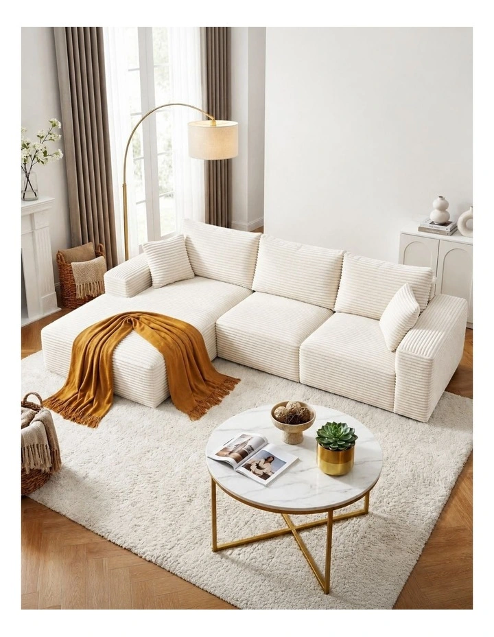 HOMFURN 275cm Modular Sofa Bed  Frameless 3-Seat, White Corduroy, Deep Seat, No Assembly Required image 3