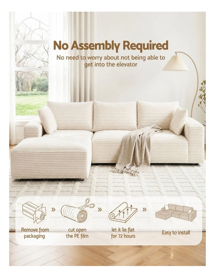 HOMFURN 275cm Modular Sofa Bed  Frameless 3-Seat, White Corduroy, Deep Seat, No Assembly Required image 4