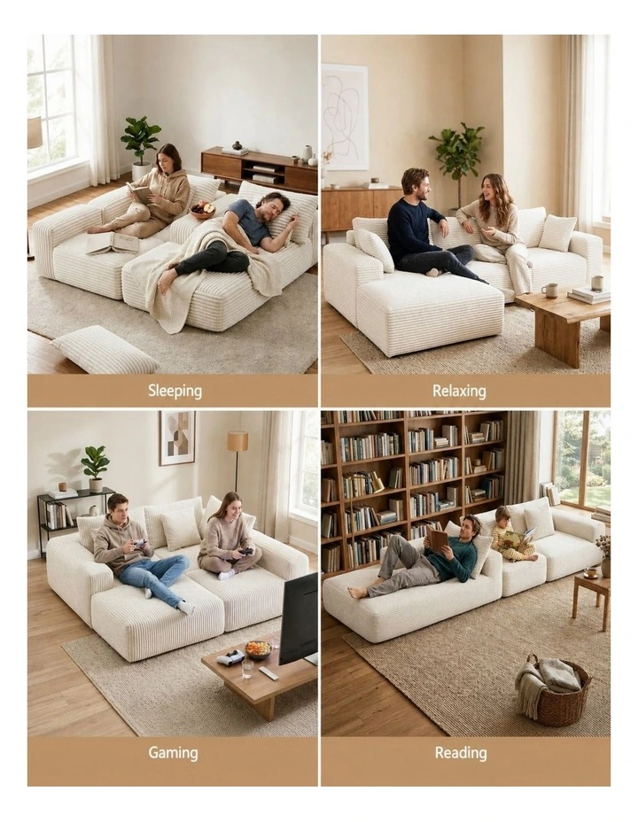 HOMFURN 275cm Modular Sofa Bed  Frameless 3-Seat, White Corduroy, Deep Seat, No Assembly Required image 5