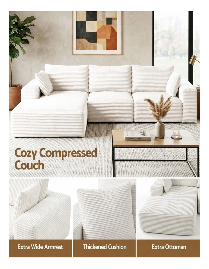HOMFURN 275cm Modular Sofa Bed  Frameless 3-Seat, White Corduroy, Deep Seat, No Assembly Required image 6