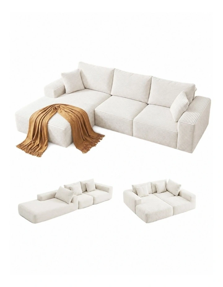 HOMFURN 275cm Modular Sofa Bed  Frameless 3-Seat, White Corduroy, Deep Seat, No Assembly Required image 7