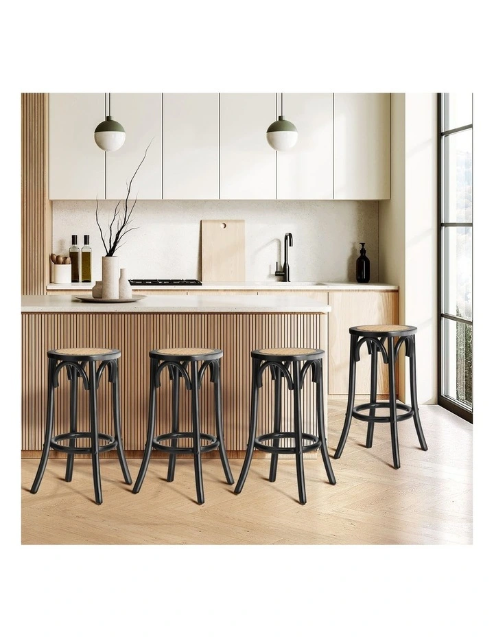 Oikiture Set of 4 Bar Stools Kitchen Vintage Dining Chair Rattan Seat Black image 4