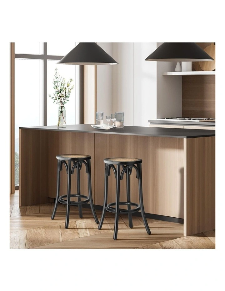 Oikiture Set of 4 Bar Stools Kitchen Vintage Dining Chair Rattan Seat Black image 5