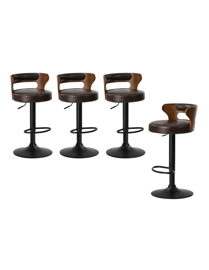 Oikiture 4x Bar Stools Kitchen Gas Lift Swivel Chairs Stool Wooden Leather Brown image 1