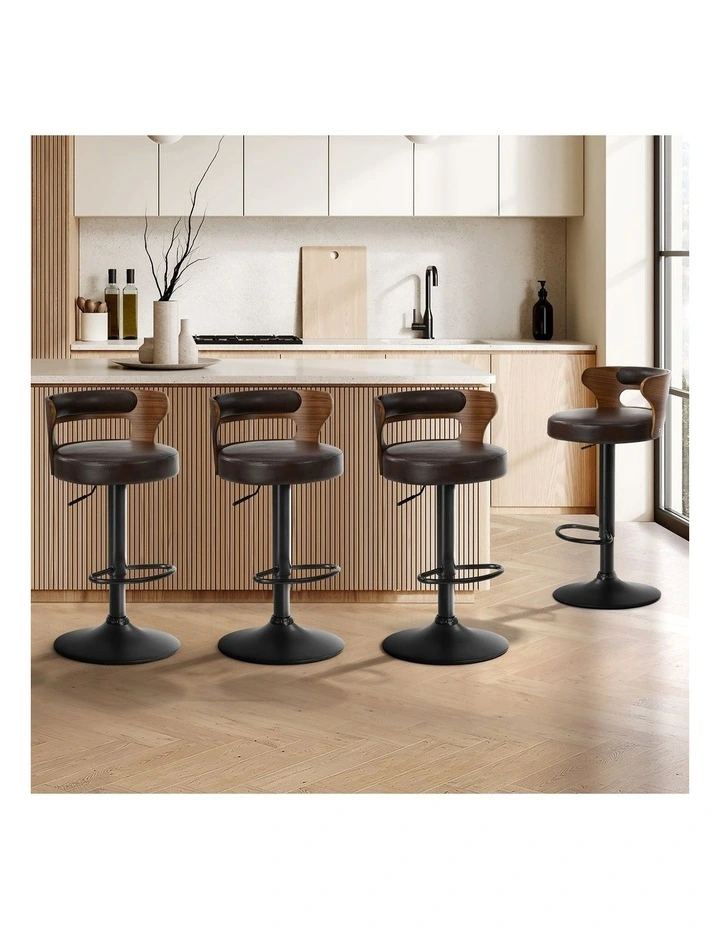 Oikiture 4x Bar Stools Kitchen Gas Lift Swivel Chairs Stool Wooden Leather Brown image 4