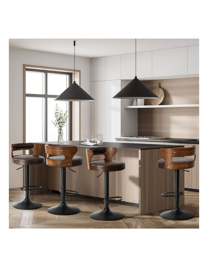 Oikiture 4x Bar Stools Kitchen Gas Lift Swivel Chairs Stool Wooden Leather Brown image 5
