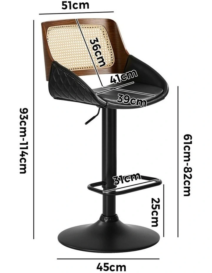 Oikiture 4x Bar Stools Kitchen Dining Chairs Gas Lift Stool Rattan Leather Black image 3