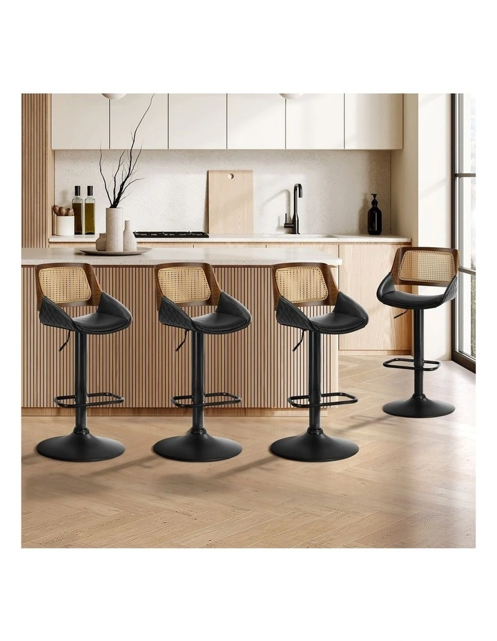 Oikiture 4x Bar Stools Kitchen Dining Chairs Gas Lift Stool Rattan Leather Black image 4