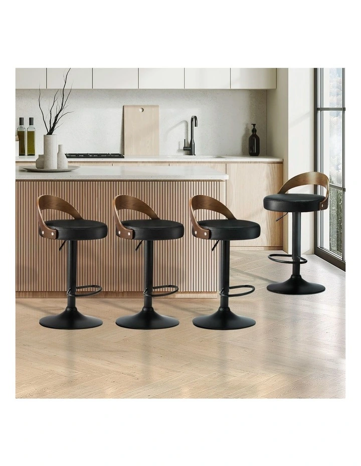 Oikiture Set of 4 Kitchen Bar Stools Gas Lift Swivel Chairs Stool Wooden Leather image 4