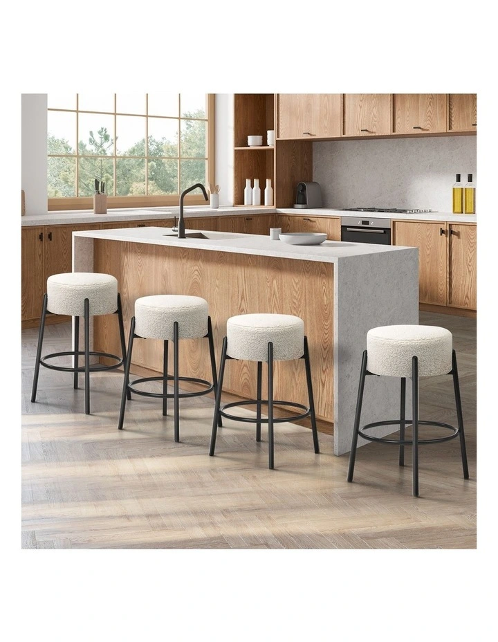 Oikiture 4x Bar Stools Kitchen Dining Chair Round Stool Boucle Fabric White image 4