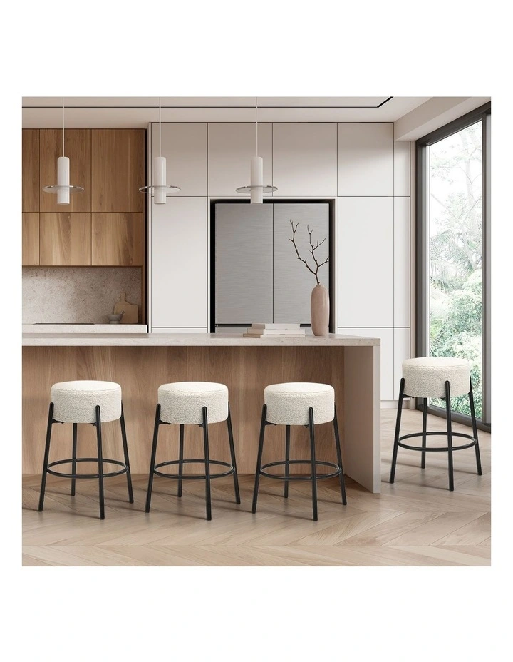 Oikiture 4x Bar Stools Kitchen Dining Chair Round Stool Boucle Fabric White image 5
