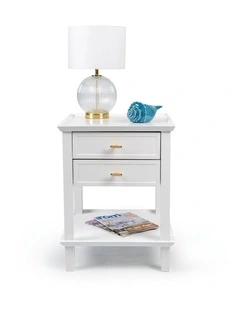 Amber Hamptons 2 Draw White Bedside Table w/Brass Handle 50cm