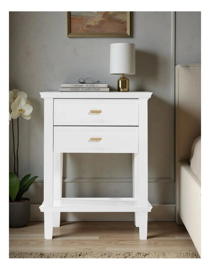 Amber Hamptons 2 Draw White Bedside Table w/Brass Handle 50cm image 2