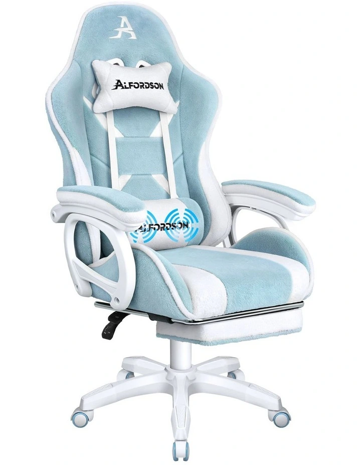 Gaming Office Chair Racing Massage Computer Seat Sherpa Fleece Blue & White image 1