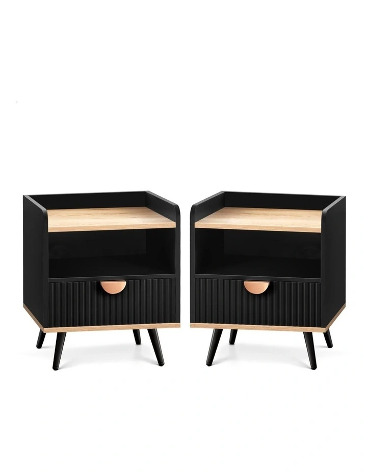 2x Bedside Table with Drawer Black image 1