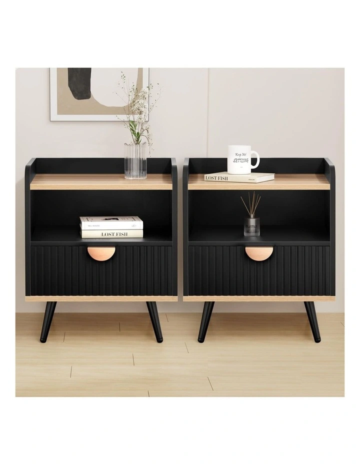 2x Bedside Table with Drawer Black image 2