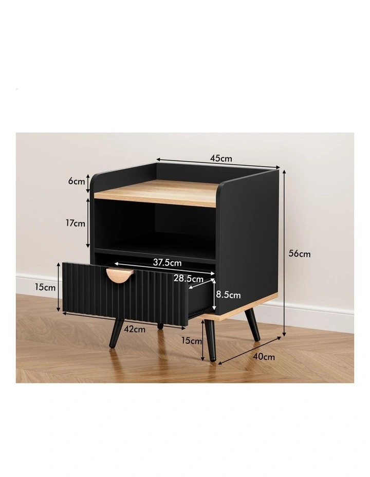 2x Bedside Table with Drawer Black image 3