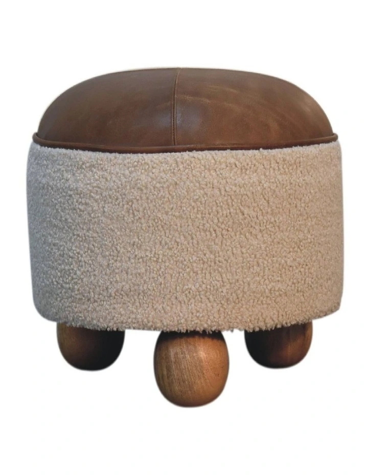 Artisan Furniture Solid Wood Cream Boucle Buffalo Footstool, Upholstered, Brown & Cream image 1