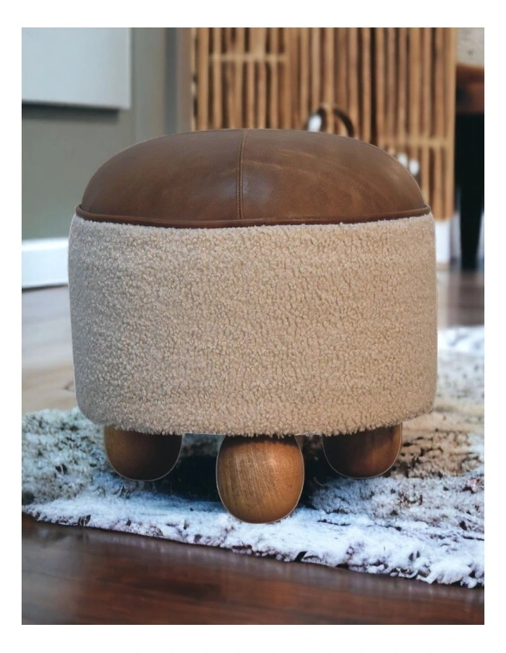 Artisan Furniture Solid Wood Cream Boucle Buffalo Footstool, Upholstered, Brown & Cream image 2