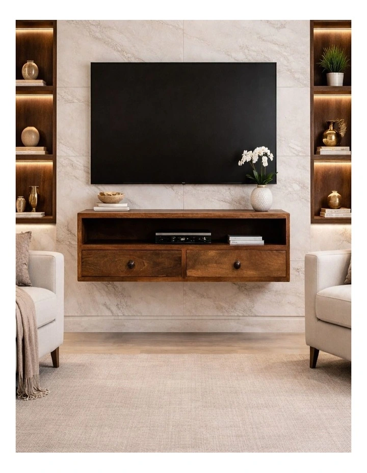 Artisan Furniture Solid Wood Amber Open Media Unit, 2 Drawers & 1 Shelf, Brown image 2