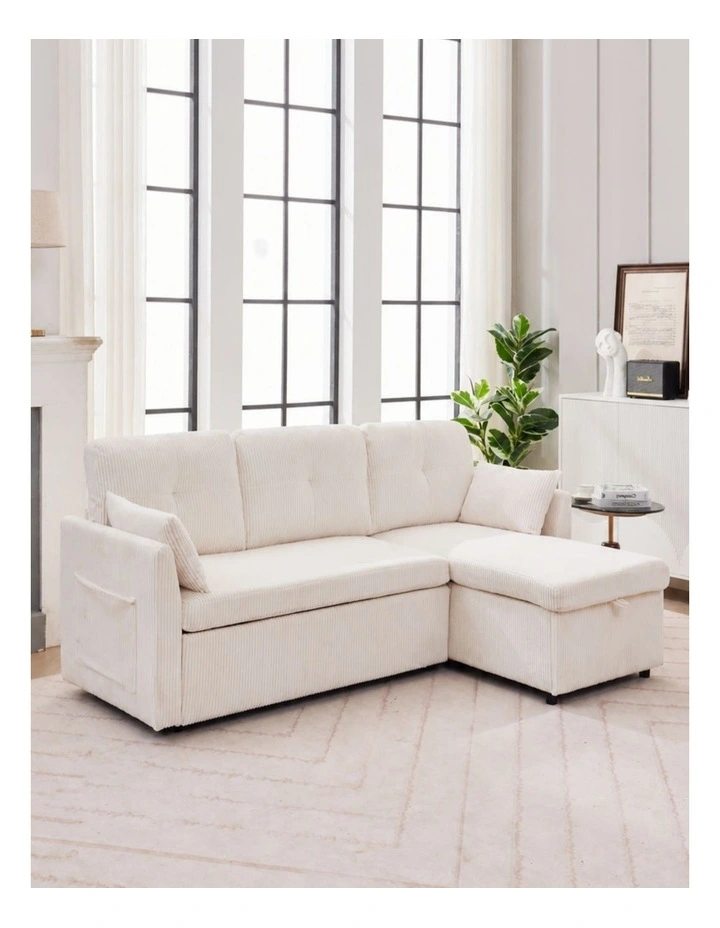 3 Seater Sectional Sleeper Sofa with Pull Out Bed, Convertible Corduroy Cloud Sofa Bed with Storage image 3