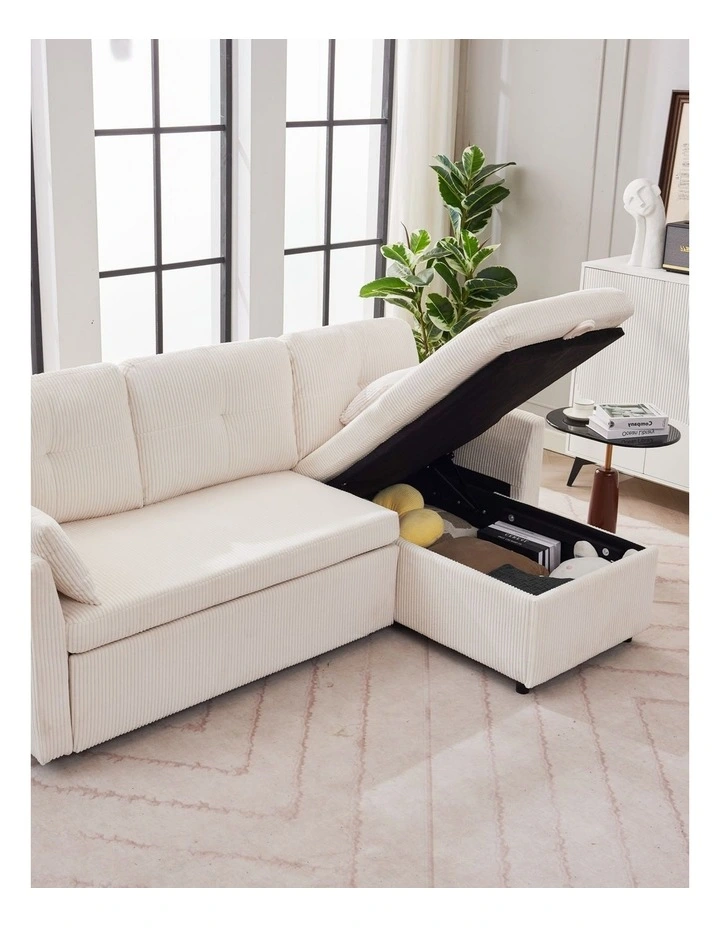 3 Seater Sectional Sleeper Sofa with Pull Out Bed, Convertible Corduroy Cloud Sofa Bed with Storage image 4