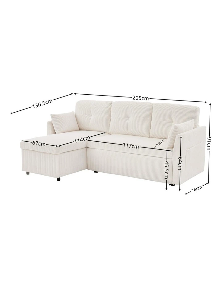 3 Seater Sectional Sleeper Sofa with Pull Out Bed, Convertible Corduroy Cloud Sofa Bed with Storage image 7