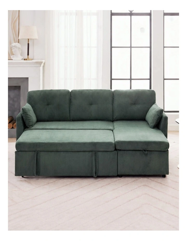 3 Seater Sectional Sleeper Sofa with Pull Out Bed, Convertible Corduroy Cloud Sofa Bed with Storage image 2