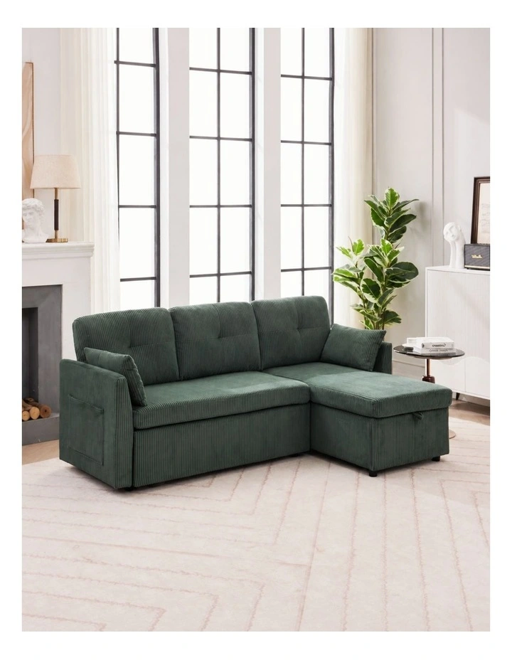 3 Seater Sectional Sleeper Sofa with Pull Out Bed, Convertible Corduroy Cloud Sofa Bed with Storage image 3