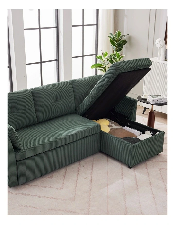 3 Seater Sectional Sleeper Sofa with Pull Out Bed, Convertible Corduroy Cloud Sofa Bed with Storage image 4