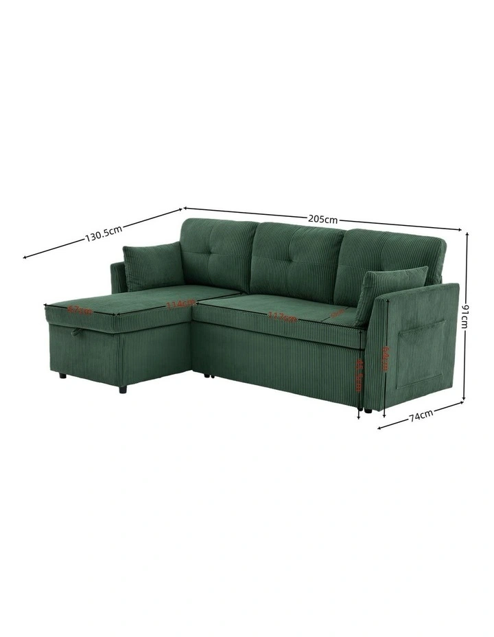 3 Seater Sectional Sleeper Sofa with Pull Out Bed, Convertible Corduroy Cloud Sofa Bed with Storage image 7